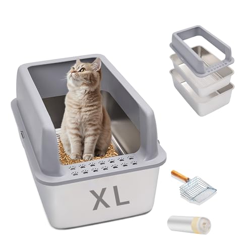 Stainless Steel Sifting Cat Litter Box with Lid, XL High-Sided, Anti-Leakage, Easy Clean, 23.6