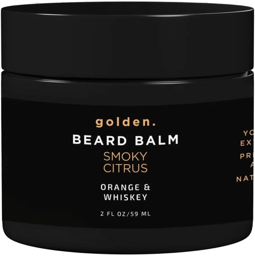 Golden Grooming Beard Balm - Tames Flyaways & Promotes Thicker Growth - Natural Styling Wax with Shea & Mango Butter - Relieves Beard Itch & Dandruff - Smoky Citrus, 2oz