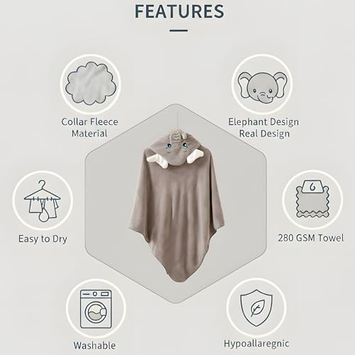 Image of Ultra-Soft Baby Hooded Towel - 100% Cotton Wrap Your Little one in Softness and Joy, Hypoallergenic & Super Absorbent Bath Wrap for Newborns & Toddlers | Cute Animal Design,(0-5Years) (Grey Elephant)