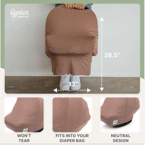Image of Parker Baby 4 in 1 Car Seat Cover for Girls and Boys - Stretchy Carseat Canopy, Nursing Cover, Grocery Cart Cover, High Chair Cover - inchClay /Alpaca Stripes inch