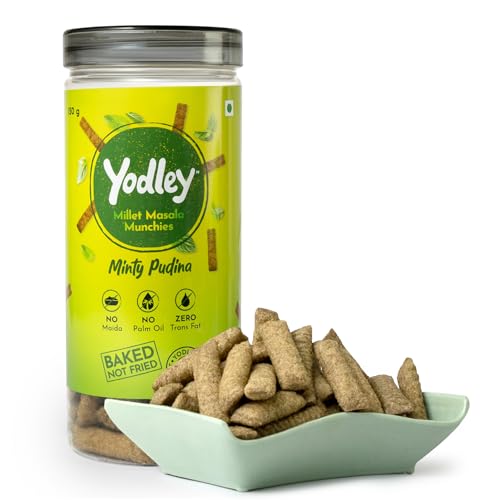 Image of Yodley Millet Masala Munchies - Minty Pudina Flavour | Baked, Not Fried | No Maida, No Palm Oil | Zero Cholesterol | Zero Trans Fat & High In Fiber | Calcium & Iron Rich | Healthy Indian Snack - 150gm