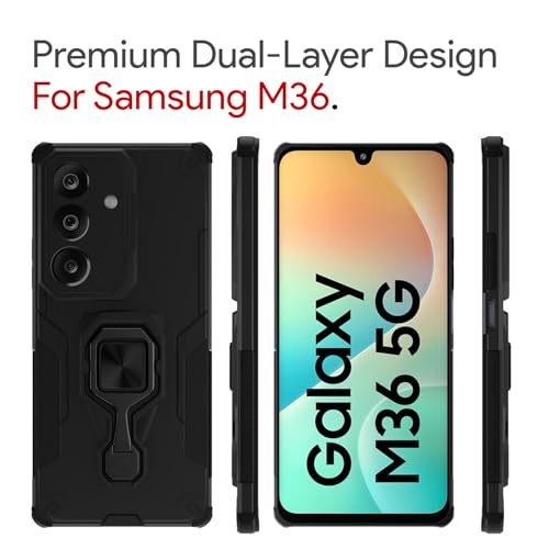Image of Pikkme Back Cover for Samsung Galaxy M36 5G Tough Armor 360 Camera Protection Raised Edges & Kickstand Bumper Case (Black)