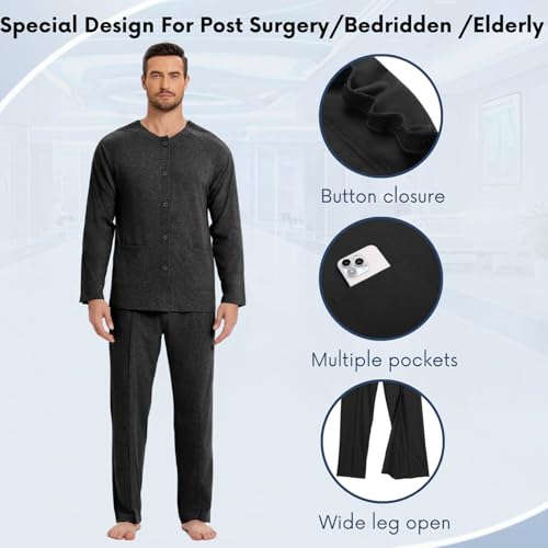 Deyeek Post Shoulder Surgery Shirts for Men Chemo Port Shirts Dialysis Patient Care Tear Away Cotton Pajamas Set4