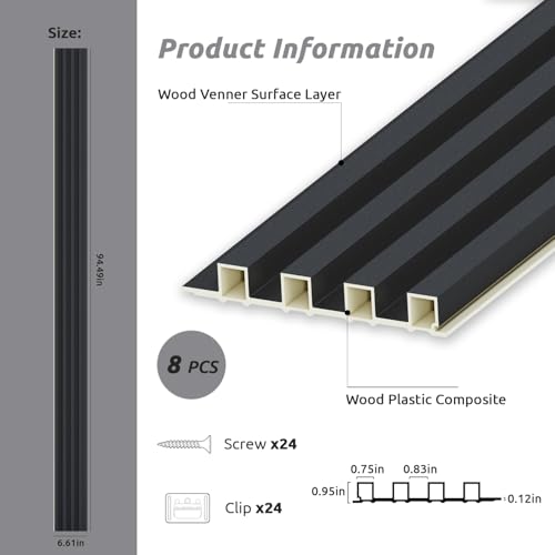 WPC Slat Wall Paneling, Modern Accent 3D Wall Panels, 8-Piece 94.5" x 6.6" TV Wall Panel, Bedroom, Living Room, Matte Black - Image 4