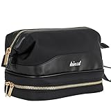 Kinzd Travel Cosmetic Bag for Women Portable Leather Toiletry Bag Hanging MakeUp Organizer Double Layer Multiple Compartments Waterproof (Black)