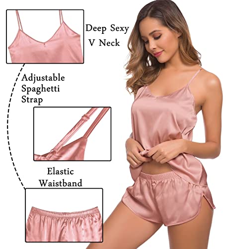 Image of SWOMOG Womens Silk Satin Pajamas Sets 4pcs Sleepwear Sexy Cami Shorts Set and Button Down Short Sleeve Pjs Loungewear