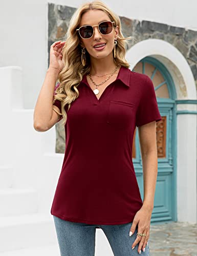 Womens V Neck Polo Shirts Short Sleeve Collared Tops Loose Casual Tunic Blouses With Pocket Wine Red M #TOP1