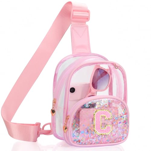 Image of Clear Initial Crossbody Bag for Girls,Sequin Sling Purse,Concert Event Gift Pink Clear C