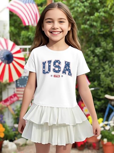 Image of VVNTY Girls American Flag Crop Tops Kids USA Crop Shirt Patriotic 4th of July Tops 5-14 Years