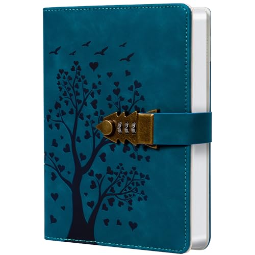 HwxBen Herzförmiger Baum Tagebuch mit Schloss – 244 Seiten, A5 (5.8“ x 8.4”), PU-Leder, Tagebuch mit Zahlenschloss Lesezeichen – Pfauenblau – Ideal für Notizen, Planer und kreatives Schreiben