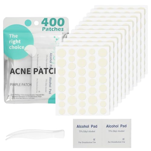 400 Piezas Parches Granos, Pimple Patches | Acne Patch, Redondas Transparentes para Granos Pegatinas Grano Cara Acné Invisibles Hidrocoloides con 10 Toallitas con Alcohol y Pinzas