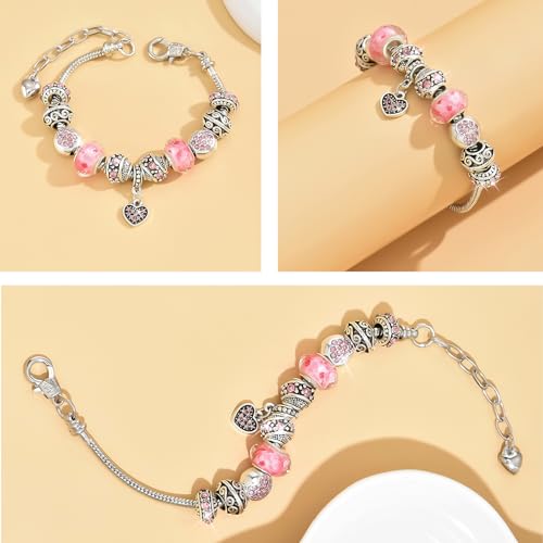 2 Pack Charm Bracelets Pink and Gold Heart Silver Plated Charm Bracelet, DIY Jewelry for Women Gifts, with Beads, Crystal, Charms, Love and Adjustable Snake Chain, Fits 7.5"+1.5"4