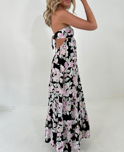 Image of Women Floral Print Maxi Tube Dress Strapless Flowy Long Bandeau Dress Y2K Open Back Sundress Summer Beachwear