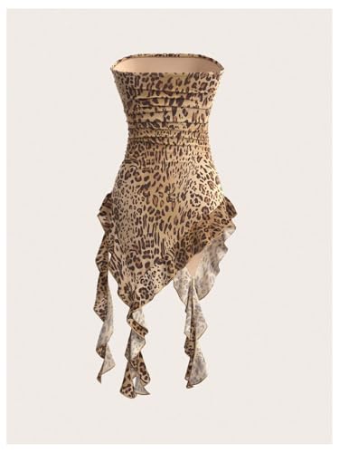 SOLY HUX Women's Y2k Leopard Print Bandeau Tube Top Sheer Mesh Irregular Ruffle Trim Fitted Tops2