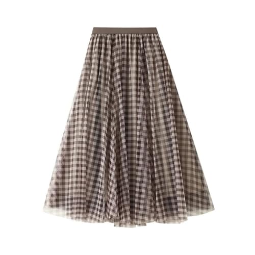 Women Vintage Plaid Skirt Elastic High-Waisted Layered Mesh A Line Midi Long Skirts3