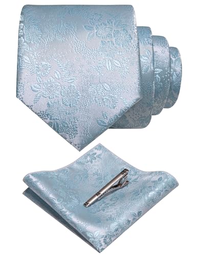 JEMYGINS Silk Light Blue Floral Tie Necktie and Pocket Square, Hankerchief and Tie Bar Clip Sets for Men(61)