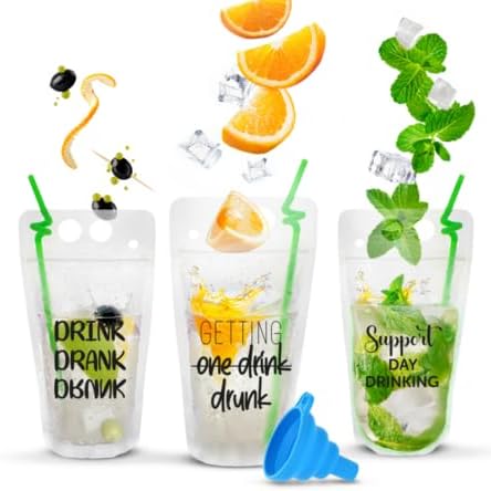 UTILE 50 bolsas de bebidas para adultos con pajitas coloridas envueltas individualmente, bolsas de bebidas con cremallera resellables con múltiples