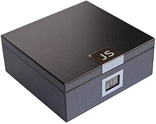Monogrammed Carbon Fiber Design Handcrafted Modern Cedar Humidor with Front Digital Hygrometer