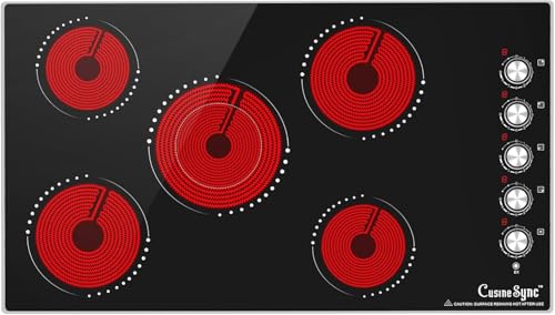 Cusinesync 36 Inch Electric Cooktop, 5 Burner Built-In Ceramic Glass Cooktop with Knob Control, 9 Power Levels, Expandable Burner, 8500W, 220–240V Hardwired, Works with All Cookware
