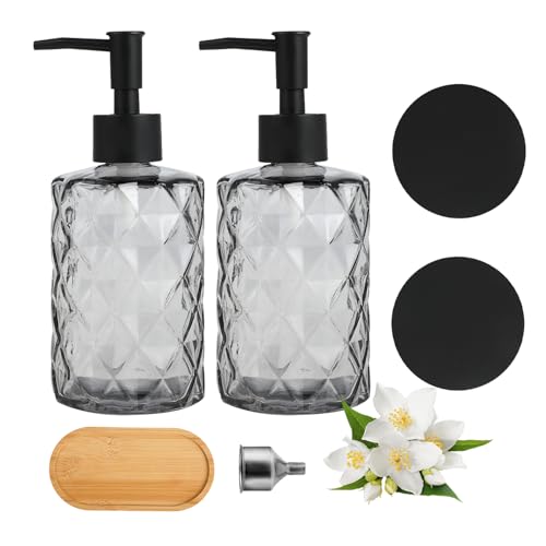 FHISKUNYU Dispensador de Jabón de Cristal Reutilizable 330 ml, Juego de 2 con Bomba de Acero Inoxidable y Posavasos Antideslizantes, Botellas para Baño, Cocina y Oficina FHISKUNYU Dispensador de Jabón de Cristal Reutilizable 330 ml, Juego de 2 con Bomba de Acero Inoxidable y Posavasos Antideslizantes, Botellas para Baño, Cocina y Oficina