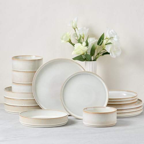 Image of E-far 16 Piece Dinnerware Sets, Plates and Bowls with Pasta Bowls Service for 4, Modern Stoneware Ribbed Dishes for Kitchen Dining, Microwave & Dishwasher Safe, Creamy Beige