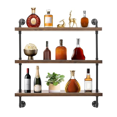 WUSILILU 3 Tiers Retro Wine Bottles Floating Shelves,Wall-Mounted Wine Bottle Rack,Wine Rack Display Storage Organizer for Home Bar Living Room Restaurant (Light Walnut)
