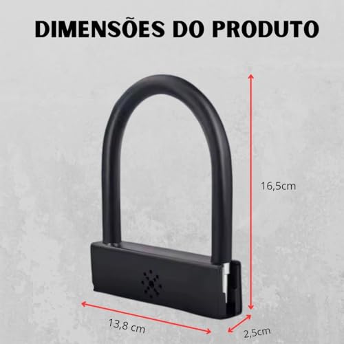 Cadeado U-Lock com Alarme para Motos e Bicicletas, Aço Emborrachado, 3 Chaves, Preto