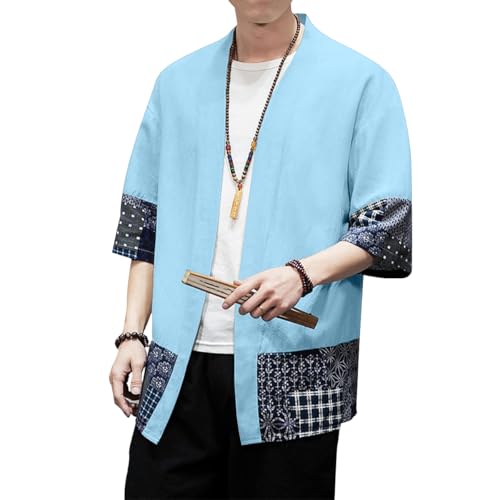 Image of PRIJOUHE Men's Kimono Jackets Cardigan Lightweight Casual Cotton Blends Linen Seven Sleeves Open Front Coat Outwear
