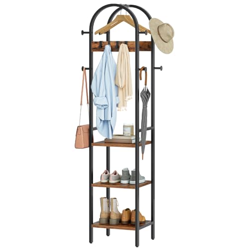 HOOBRO Garderobenständer, gewölbter freistehender Kleiderständer mit 12 Haken, 3-stöckige Garderobe für Kleidung, Taschen und Accessoires, Wohnzimmer, Schlafzimmer, Vintagebraun und Schwarz EBF40YM01