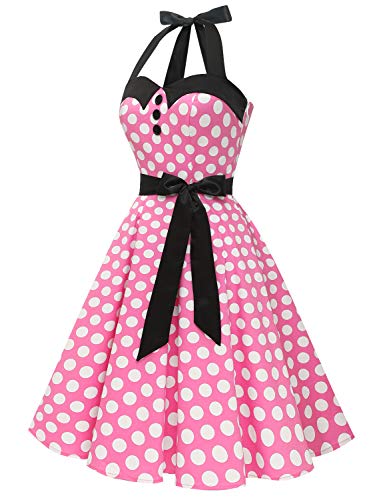 Dressystar Vintage Polka Dot Retro Cocktail Prom Dresses 50'S 60'S Rockabilly Bandage Pink White Dot M #TOP2