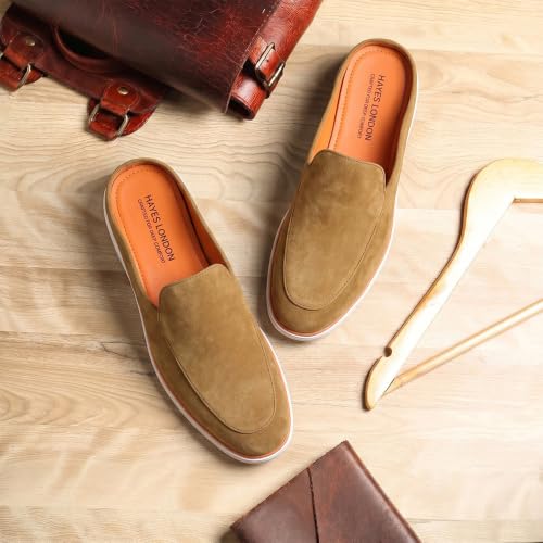 Image of HAYES LONDON Riviera Italian Suede Leather Backless Slip-On Mule Loafers for Men | Casual Summer Walk Half Shoes | Comfortable Open-Back Driving Loafers