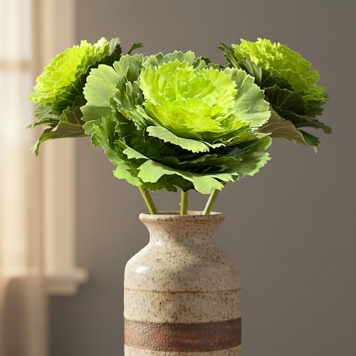 3Pcs 15.7' Artificial Cabbage Plants Rose Flowers Stems Realistic Silk White Green Faux Cabbage Ornamental Kale Fake Flower Branch for Home Decoration Wedding Kitchen Indoor Outdoor Decoration