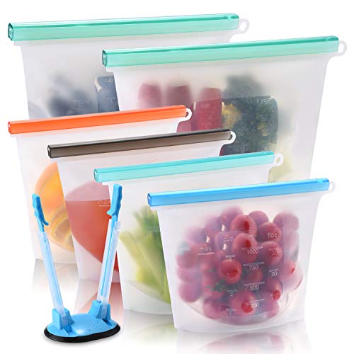 Reusable Silicone Food Storage Bags, 2 Large 50oz Reusable Sandwich Bags and 4 Medium 30oz Silicone Snack Bags, Freezer Airtight Seal Reusable Food Preservation Bags for Fruit, Vegetables, Meat, Lunch