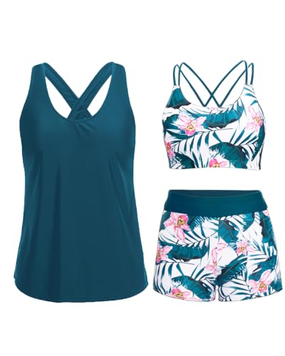Image of Holipick 3 Piece Tankini Swimsuits for Women Tummy Control Bathing Suits Swim Tank Top with Bra Boy Shorts Teen Swimwear 2026