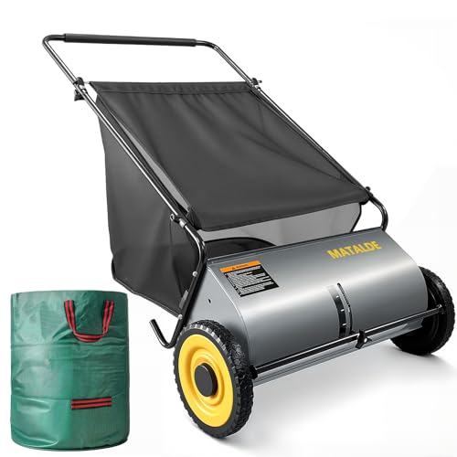 MATALDE 26" Push Lawn Sweeper with 7.5 cu. ft Mesh Collection Hopper Bag, 100L Leaf Bag, 4 Adjustable Height Spinning Brushes, Steel Frame & Rubber Wheels – Quick Cleaning for Leaves and Grass,Grey