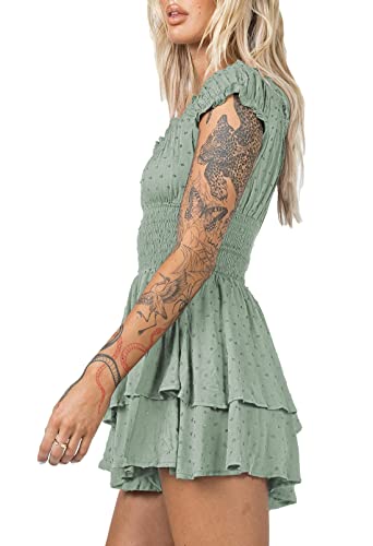 Pink Queen Damen Bandeau Boho Jumpsuits Kurze Ärmel Sommer Minikleid Schweizer Punkt Schulterfrei Strampler Schön Grün S