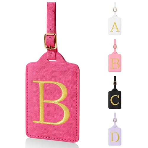 Personalized Initial Luggage Tags for Suitcases,Leather Letter Cute Luggage Tags with Privacy Name Card,Embroidered Monogrammed Travel Bag Backpack Tag Gifts for Women Kids Girls Teens(Rosered-B)