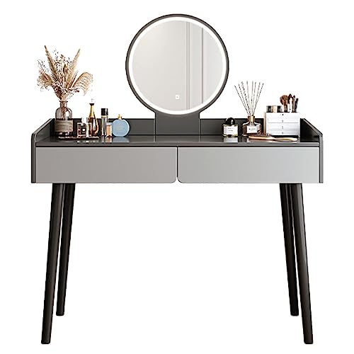 Tocador de maquillaje gris con espejo redondo grande y luces LED para dormitorios pequeños 2