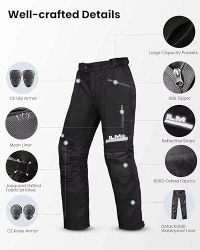 ILM Motorcycle Motocross Riding Pants Mens Detachable Waterproof Liner CE Armored All Season Model PO1N Black - Thumbnail 7