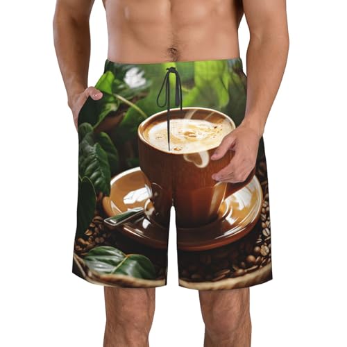 Men's Swim Trunks Quick Dry Bathing Suits Coffee and Green Leaves Beach Board Shorts Swimwear with Pockets