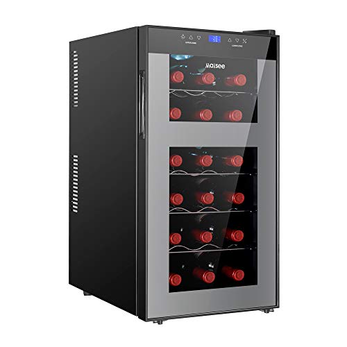 Wine Fridge Dual Zone,18 Bottles Wine Cooler Refrigerator Chiller Upper Zone 46f-54f Lower Zone 54f-65f for Red White Wine Champagne in Home Office Bedroom Countertop （18 Bottles,Black