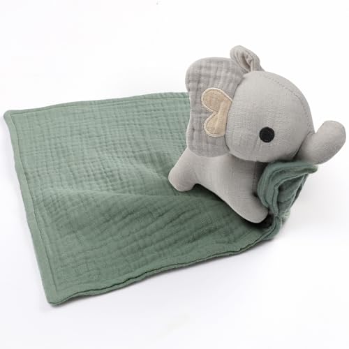 ACRABROS Baby Security Blanket Lovey: Stuffed Animal Elephant Head Attached Set for Newborn Infant Boys Girls Organic Muslin Soft Soother Safety Snuggle Sleep