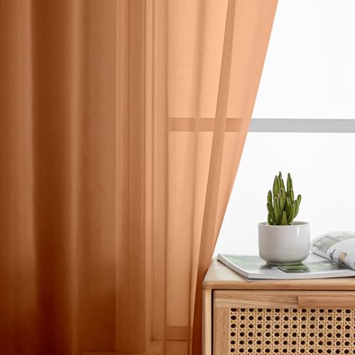 Image of Simplebrand Orange Sheer Curtains 96 Inches Long, Light Filtering Rod Pocket Solid Color Window Sheer Curtain Panels, Elegant Curtains & Drapes for Living Room, Bedroom 2 Panels, 42 inch W x 96 inch L