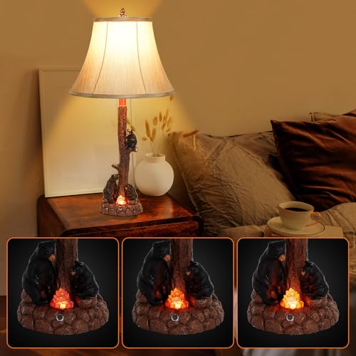 Rustic Bear Table Lamp with Campfire Nightlight 3-Bear Resin Tree Bedside Lamp with USB & Type-C Ports Touch Control Wildlife Table Lamp for Bedroom Living Room Cabin Decor Faux Parchment Shad