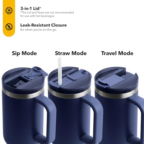RTIC 40 oz Road Trip Tumbler Double-Walled Insulated Stainless Steel Portable Travel Coffee Mug Cup with Lid, Handle and Straw, Ceramic-Lined, Navy - Image 3