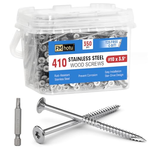 Image of #10 x 3.5 Stainless Steel Deck Screws, 350Pcs 410 Grade Stainless Steel | T25 Star Bit Deck Screws,Rust Resistant Timber Screws for Log Landscaping Wood