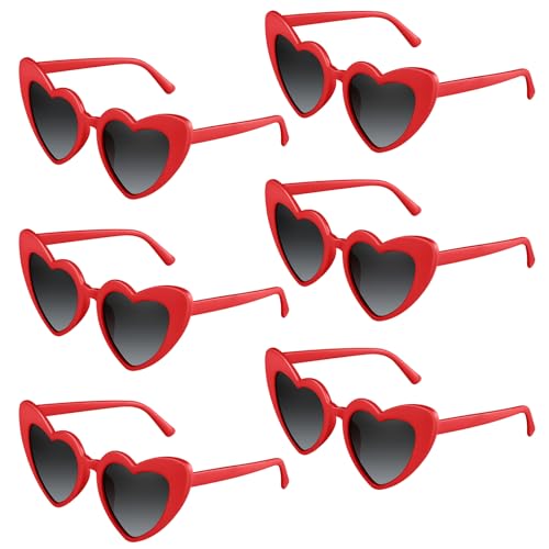 BOUBONI 6 Pack Red Heart Sunglasses Vintage Heart Shaped Glasses Bulk Bachelorette Sunglasses for Women Wedding Party Supplies Favor