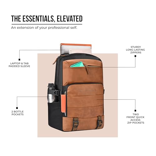 Gear Double Decker 31L Large Water Resistant Faux Leather Anti-Theft 5 Compartment Backpack/Laptop Bag/Office Bag for Men/Women (Navy-Tan) - Image 5