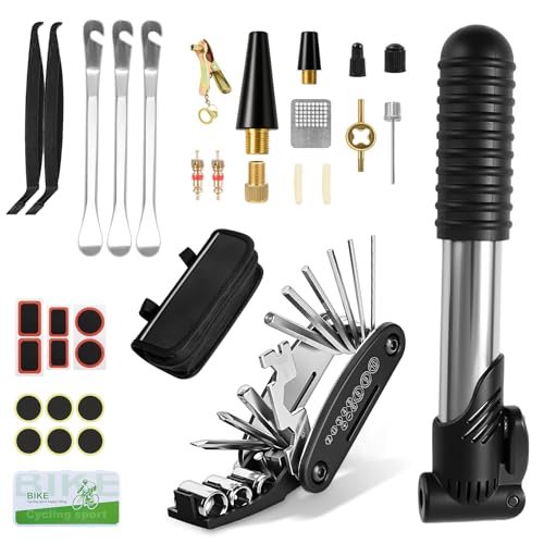 Kit de reparación de bicicletas Oziral de 34 piezas, juego de herramientas múltiples 16 en 1 con estuche impermeable, mini bomba que incluye todos los accesorios de bicicleta necesarios.