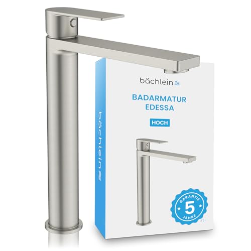Bächlein Badarmatur Edessa hoch in modernem Design extra hoher Einhebelmischer für Aufsatzwaschbecken mit Montage-Set Bad Wasserhahn Edelstahl gebürstet
